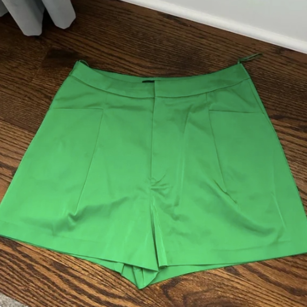 Zara Green Silky Satin Effect Pleated Shorts